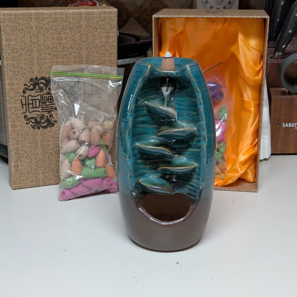 Artisan Ceramic Incense Fountain - Teal and Brown